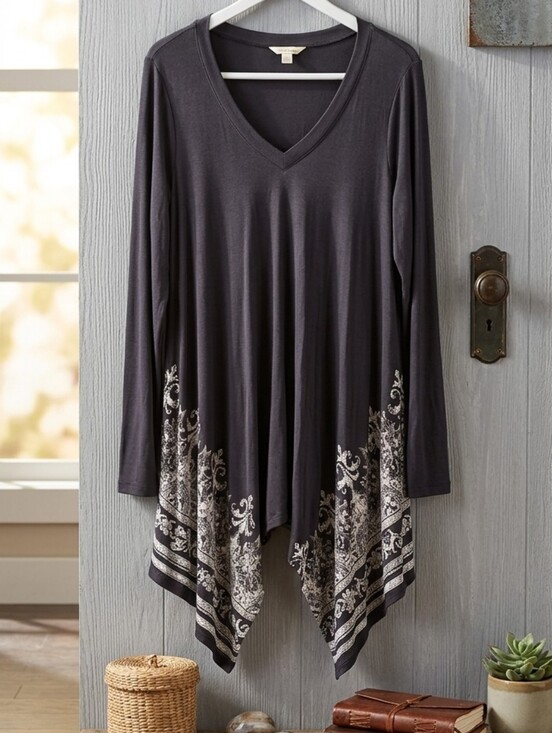 Vocal Tops - Vocal Dark Grey Tunic with White Floral Border